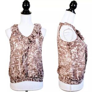 ANN TAYLOR Loft Top, Brown White Polyester Sleeveless Ruffle Career, XXS Petite